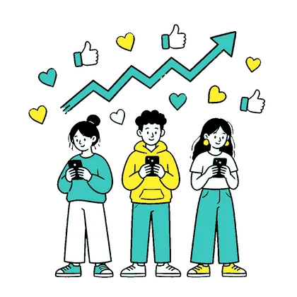 スマートフォンを使う人々と右肩上がりのグラフのイラスト