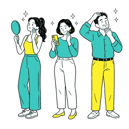鏡やスマートフォンで見た目を気にする20〜40代の男女のイラスト