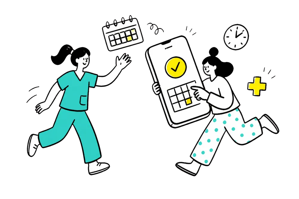 スマートフォンの予約画面と医療スタッフ・患者のイラスト