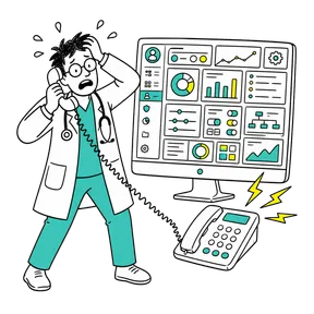 鳴り止まない電話と複雑な管理画面に困る医師のイラスト
